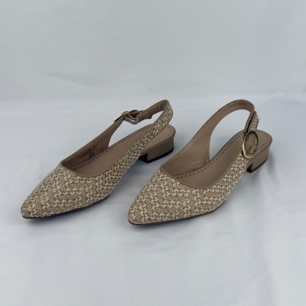Chic Beige Woven Slingback Heels Pointed Toe Block Heel Sz 8.5 - Picture 2 of 12